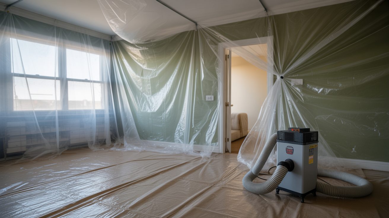 Contención con lámina de plástico y extractor de aire en un trabajo de moho en Grand Rapids