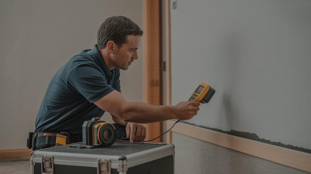 Technician taking a moisture-meter reading on a wall in Grand Rapids