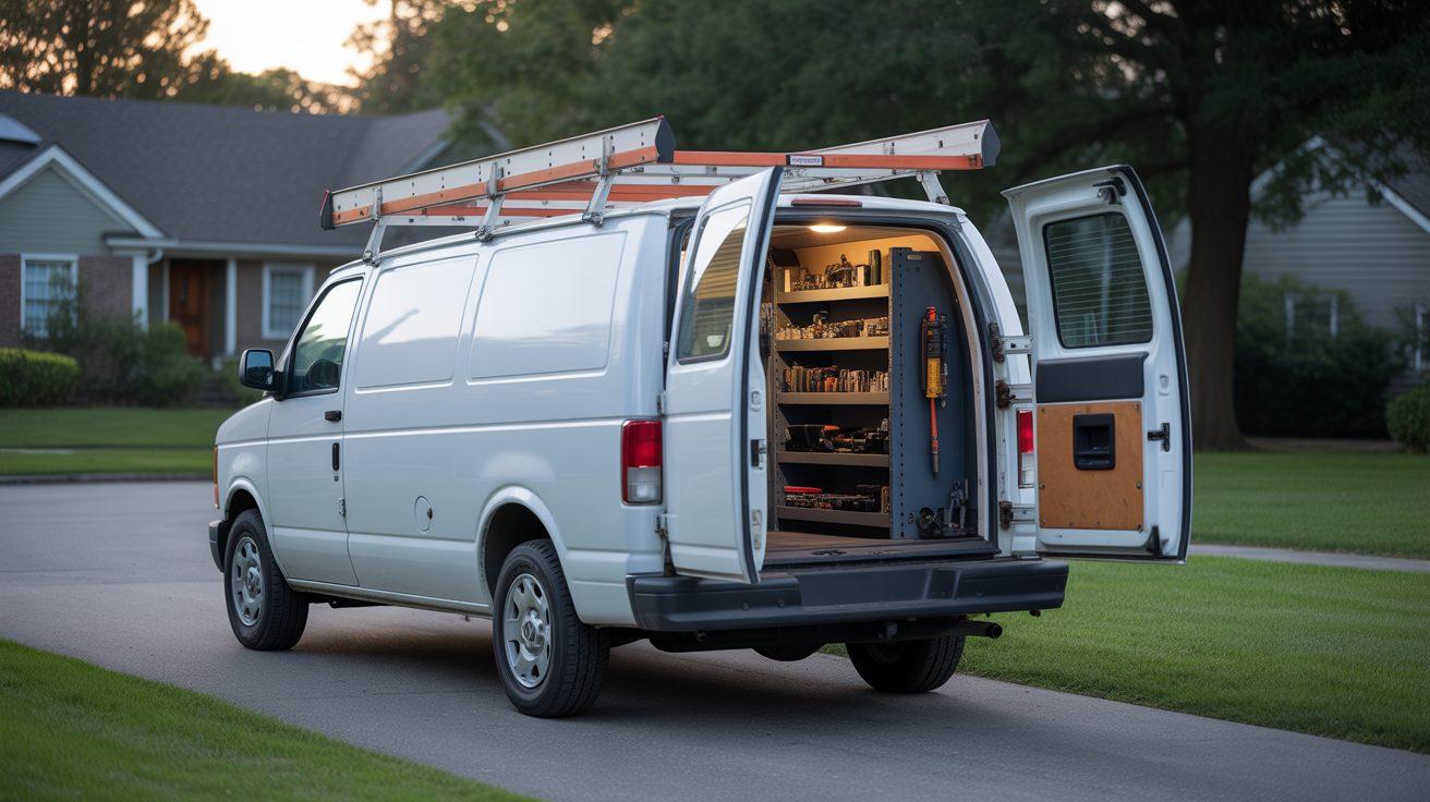 Unmarked service van staged near a property in Grand Rapids