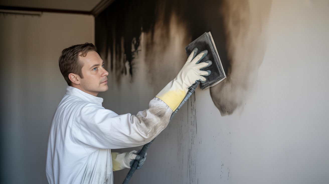 Technician dry-sponging soot from a wall in Grand Rapids